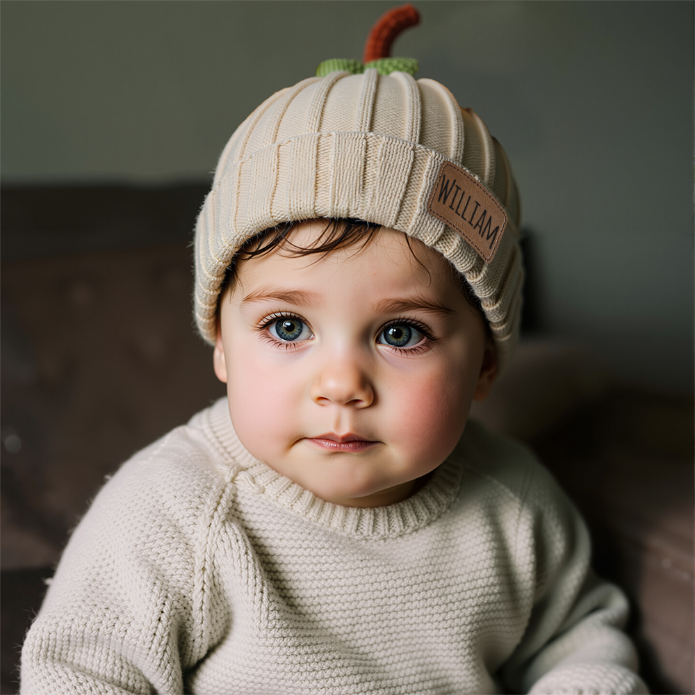 Personalized Leather Patch Pumpkin Wool Beanie | CWHalloween46