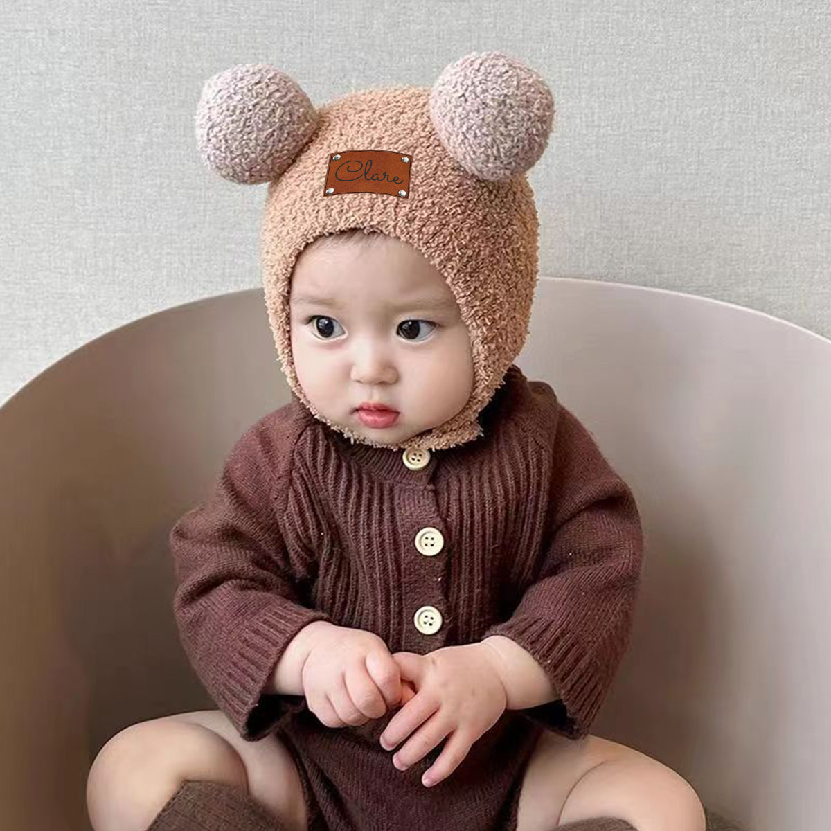 Personalized Leather Patch Cuddle Cub Knit Cap | HSKid60
