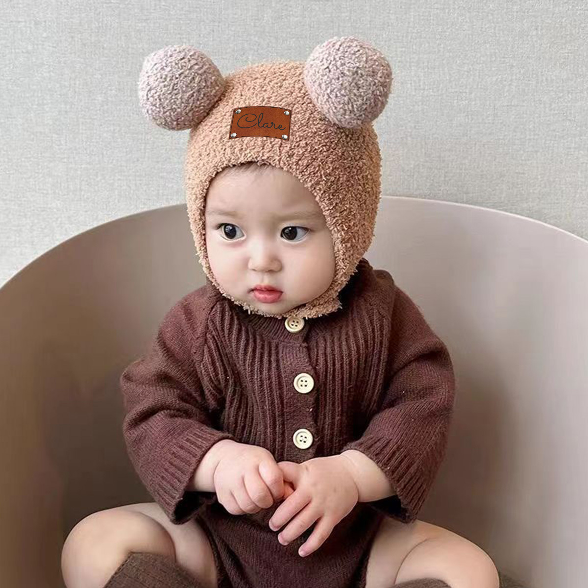 Personalized Leather Patch Cuddle Cub Knit Cap | HSKid60