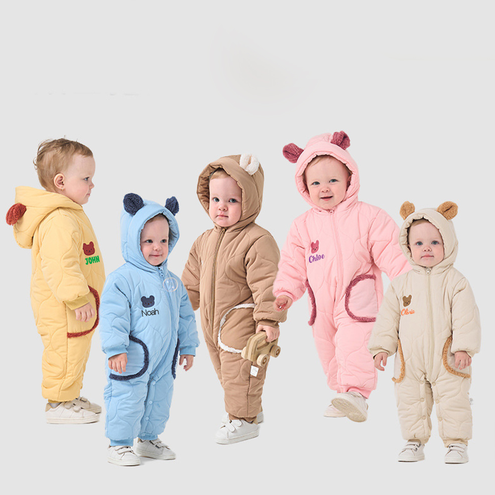 Personalized Long Sleeve Winter Hooded Puffer Romper | CWBaby308
