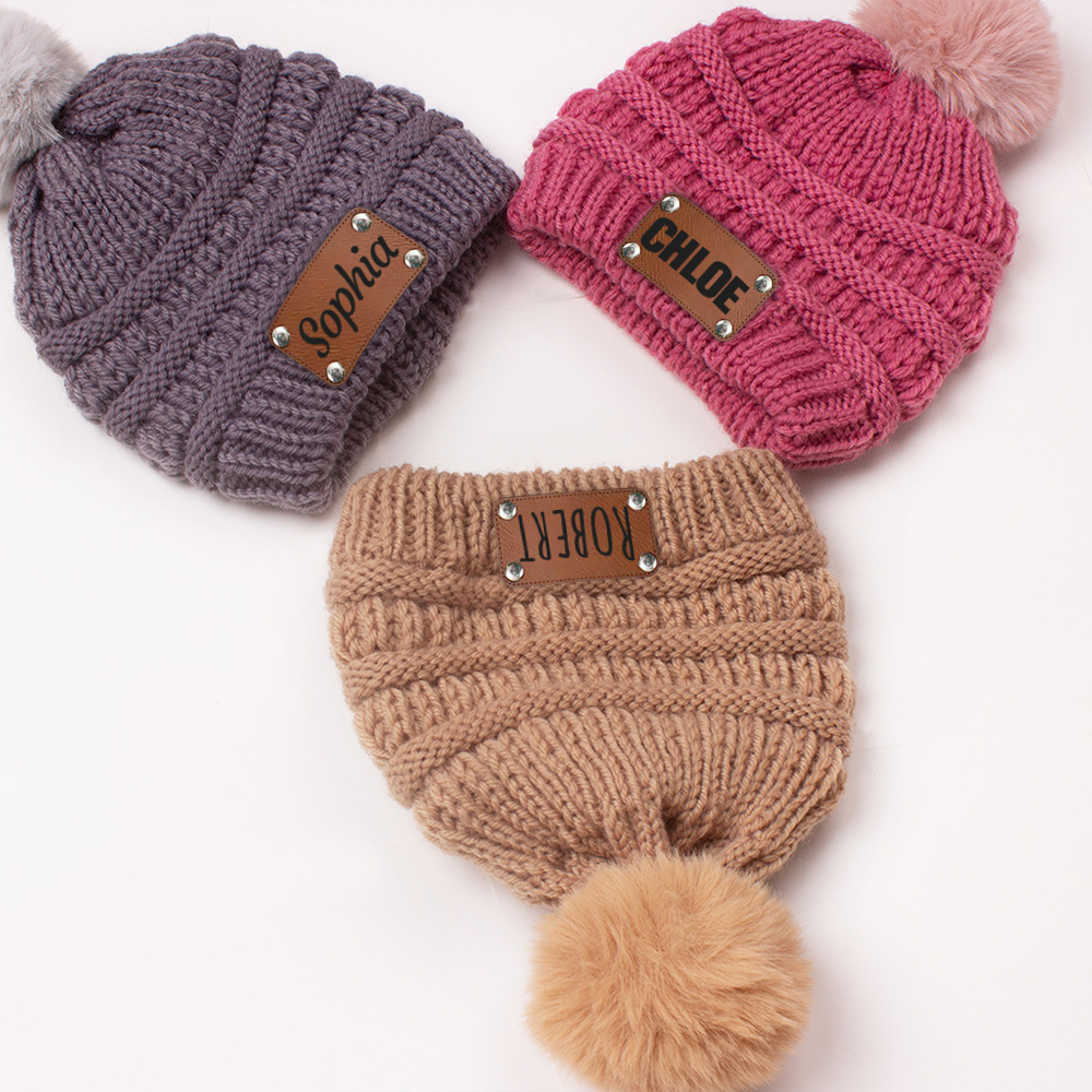 Personalized Leather Patch Kid Colorful Pom Pom Hat | HSKid63