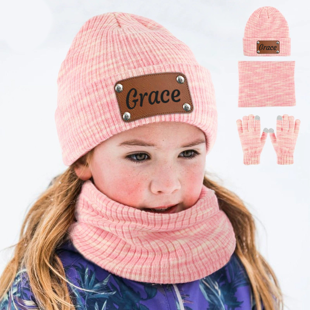 Personalized Leather Patch Kid Winter Hat Glove Scarf Set | HSKid69