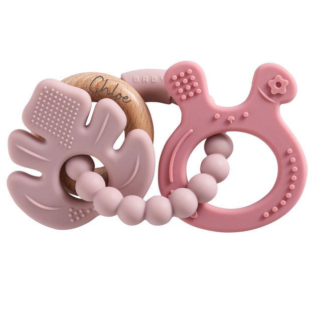 Personalised Baby Food Silicone & Wooden Sensory Teething Ring | CWToy162