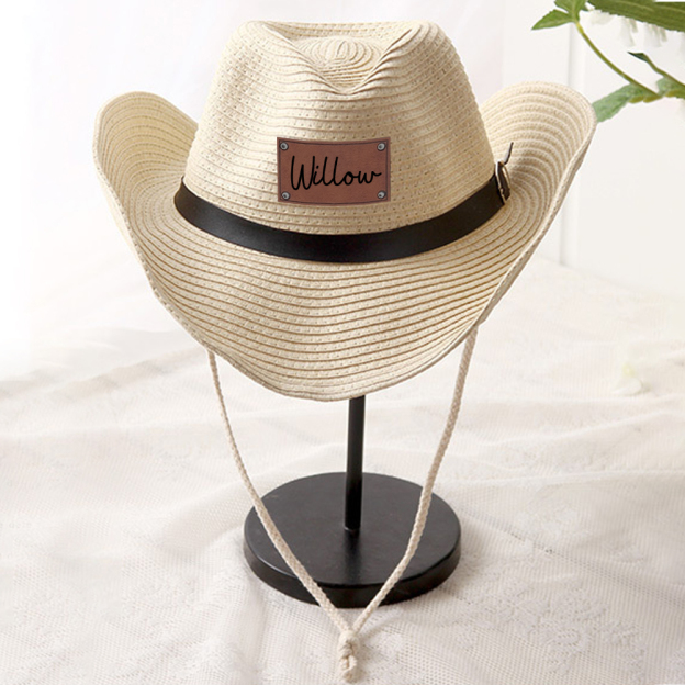 Personalized Leather Patch Cowboy Straw Hat | CWBeach106