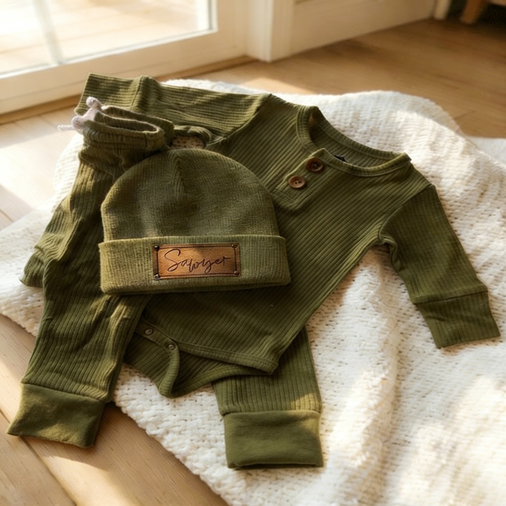 Personalized Leather Patch Baby Beanie Outfit Set | CWBaby84