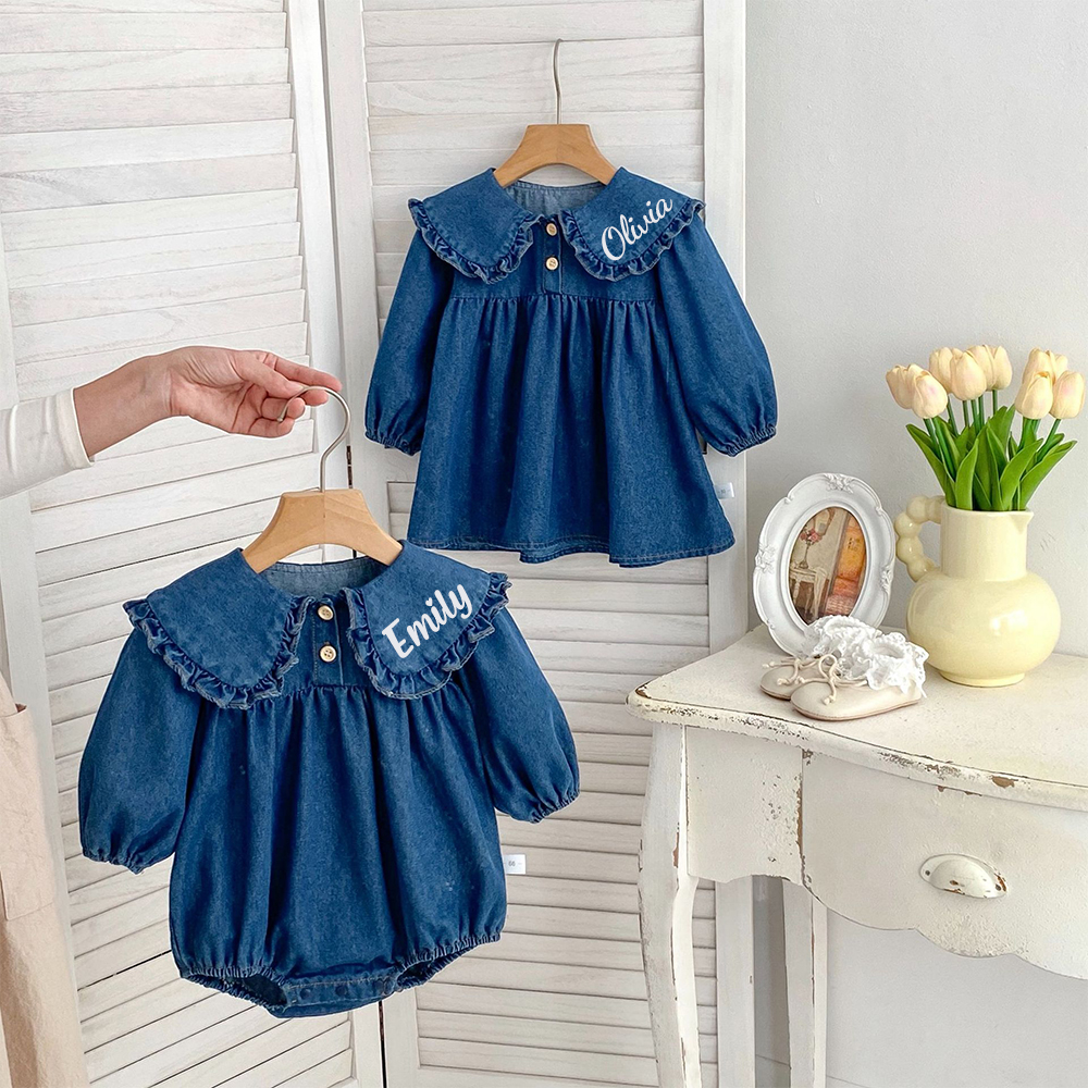 Personalized Baby Girl Vintage Puff Sleeves Denim Dress | CWBaby478