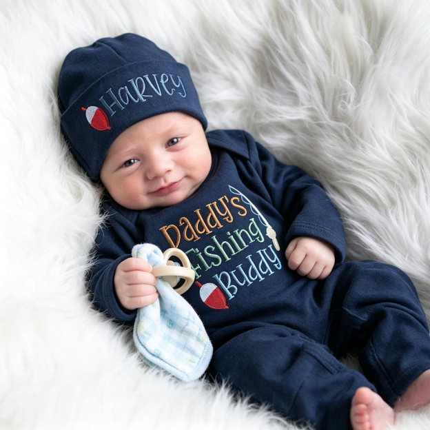 Personalized Embroidery Daddy's Fishing Buddy Romper and Hat Set | CWBaby481