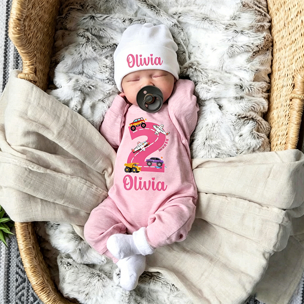 Personalized Baby Transportation Vehicle Romper With Hat Set | CWBaby497