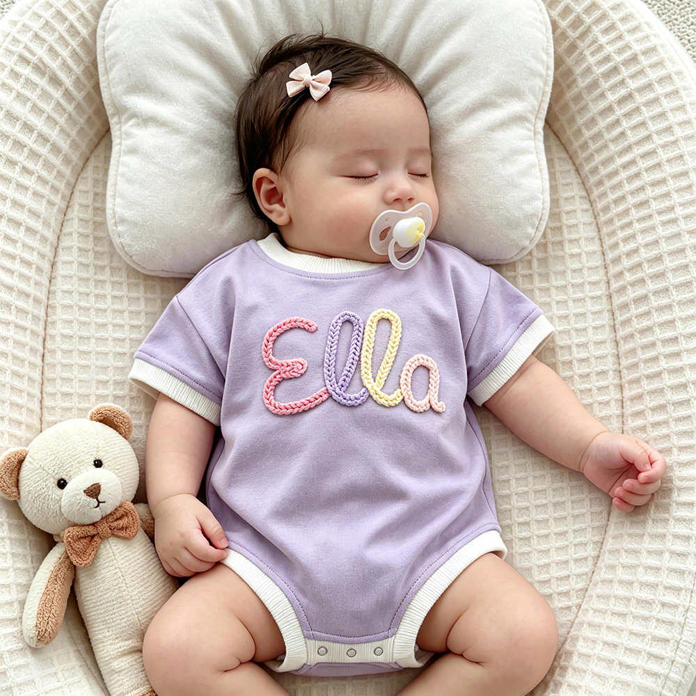 Personalized Hand Embroidered Short Sleeve Baby Bubble Romper | CWBaby503