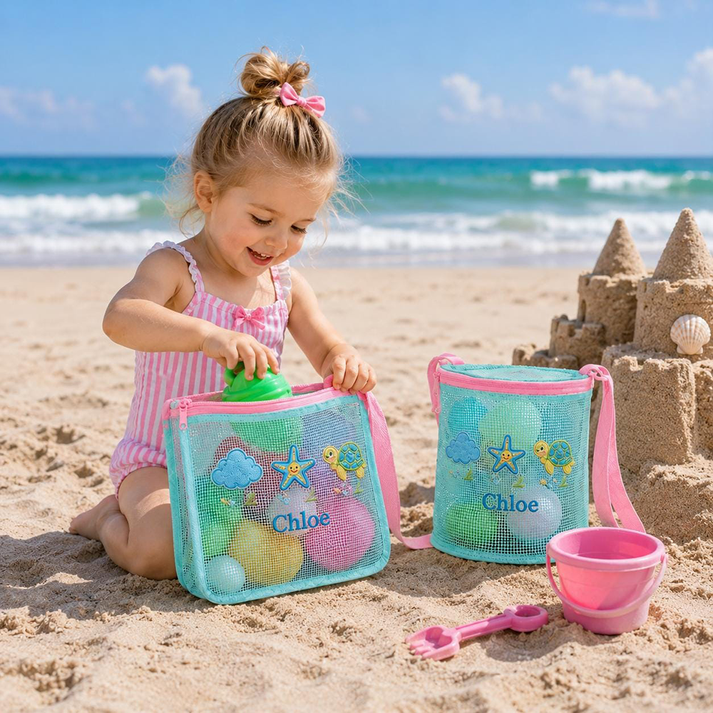 Personalized Embroidered Kids Mesh Beach Bag Set | CWBeach251