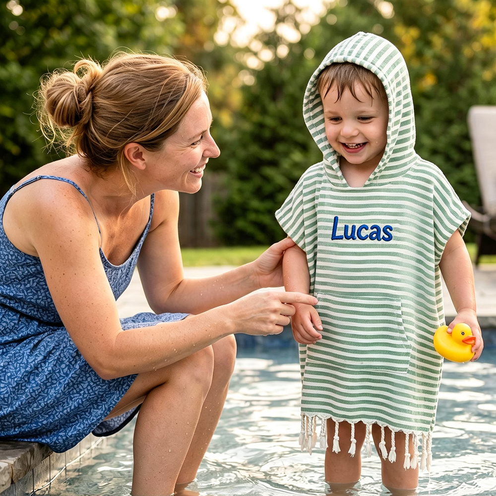 Personalized Embroidered Kids Stripe Hooded Beach Poncho | CWBeach262