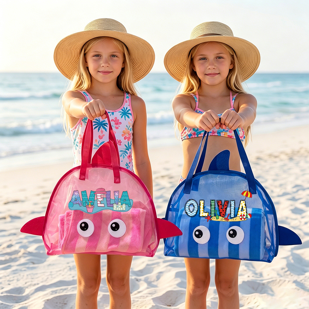 Personalized Adorable Shark Seashell Zipper Mesh Beach Bag | CWBeach262