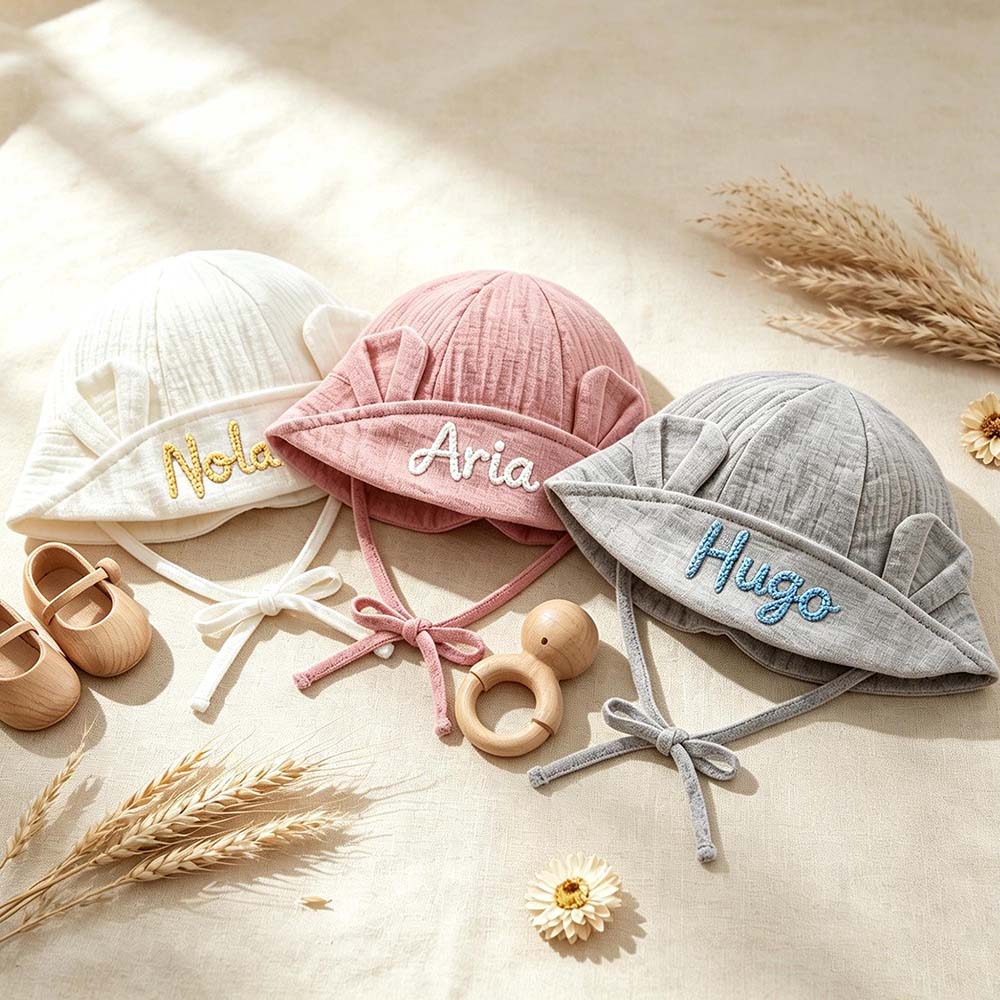 Personalized Hand Embroidered Baby Summer Hat With Ears | CWBeach266