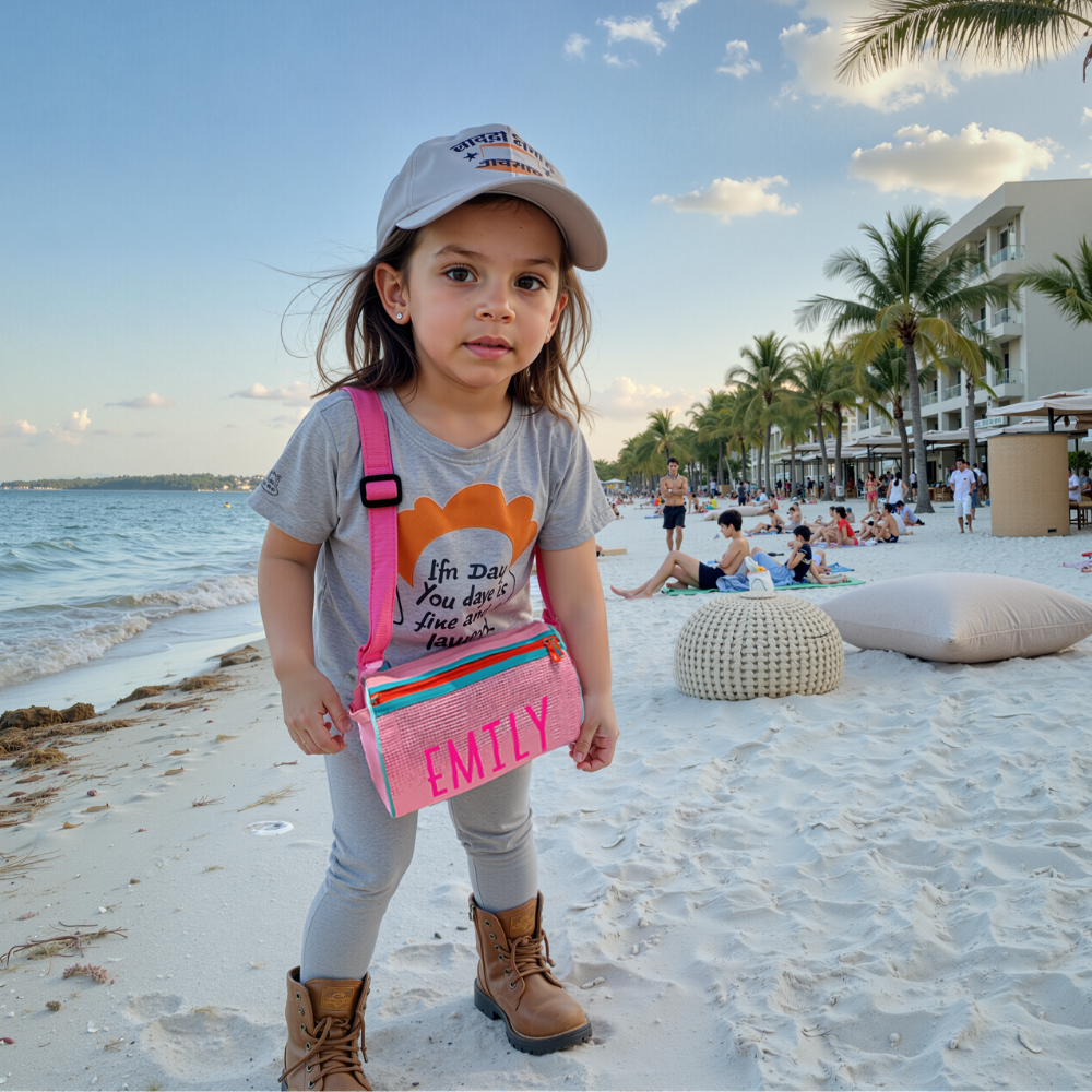 Personalized Cylinder Seashell Zipper Mesh Beach Bag | CWBeach165