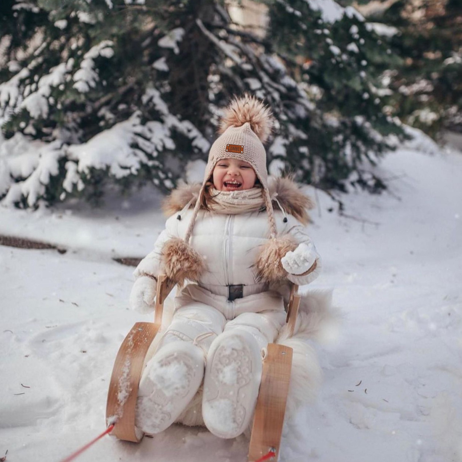 Personalized Leather Patch  Pom Pom Knit Hat With Tassels | HSKid46