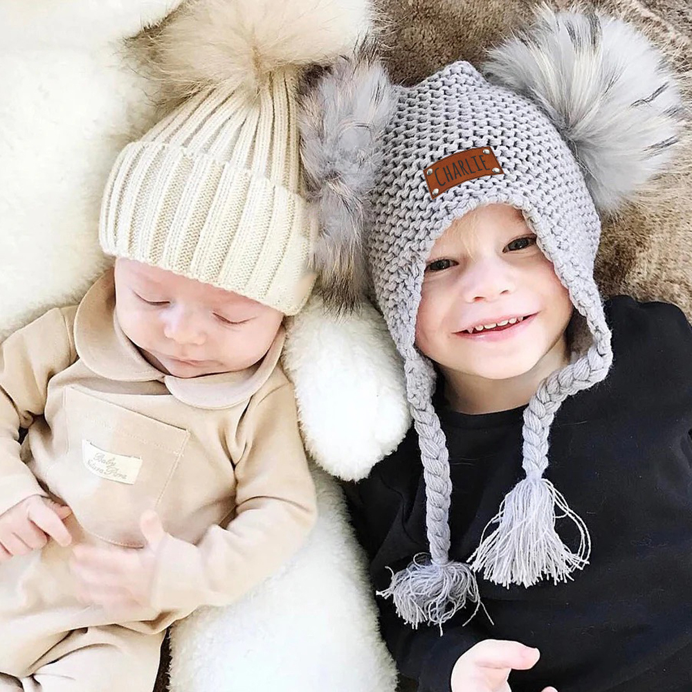 Personalized Leather Patch Pom Pom Knit Hat With Tassels | HSKid47