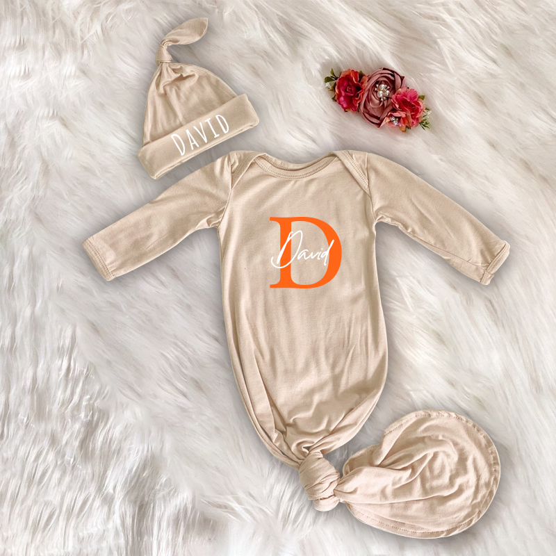 Personalized Cozy Newborn Gown with Knotted Hat | CWbaby33
