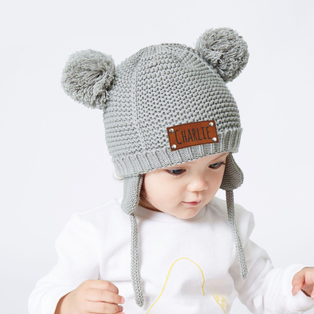 Personalized Leather Patch Pom Pom Knit Hat With Tassels | HSKid50