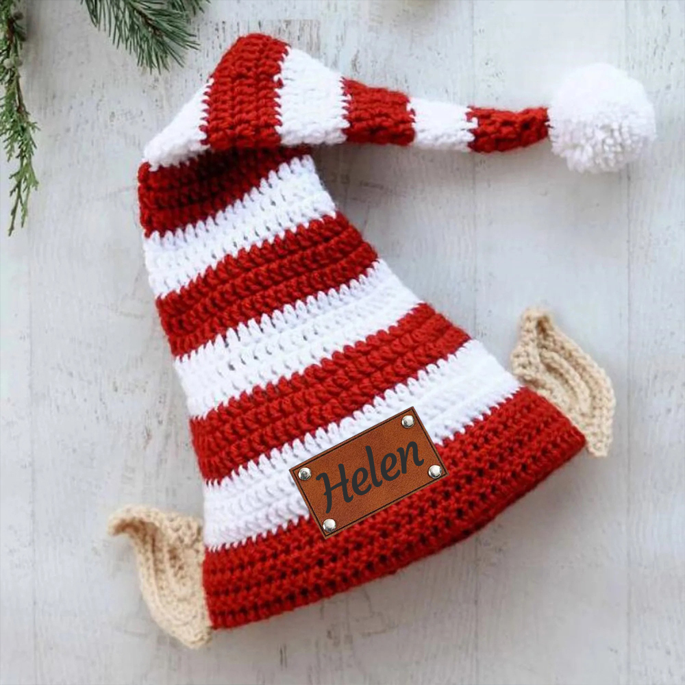 Personalized Crochet Leather Patch Christmas Elf Hat With Ears | MCGif