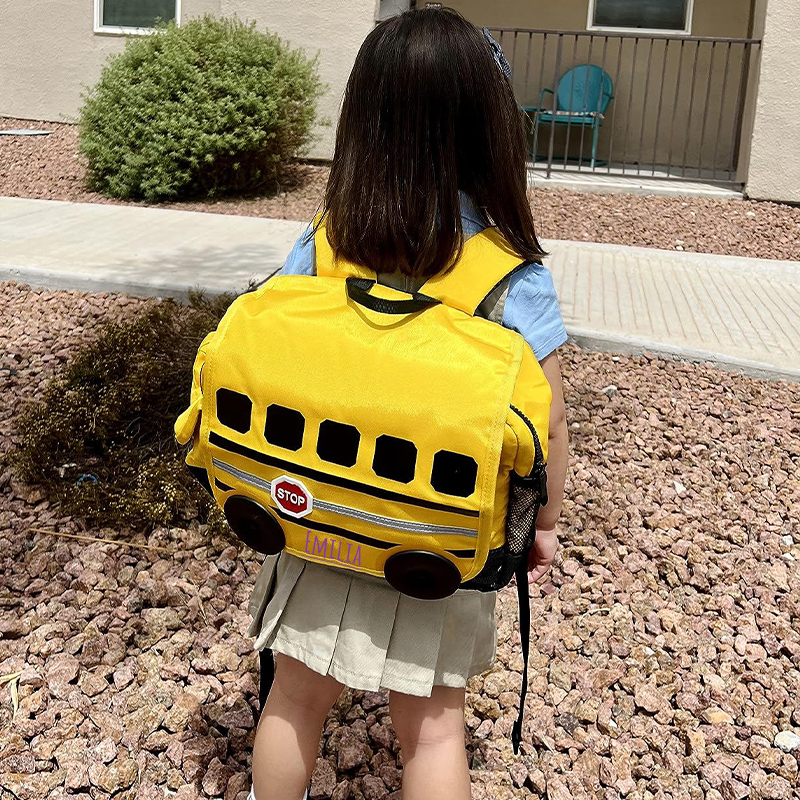 Personalized 3D School Bus Backpack with Insulation Lunch Box