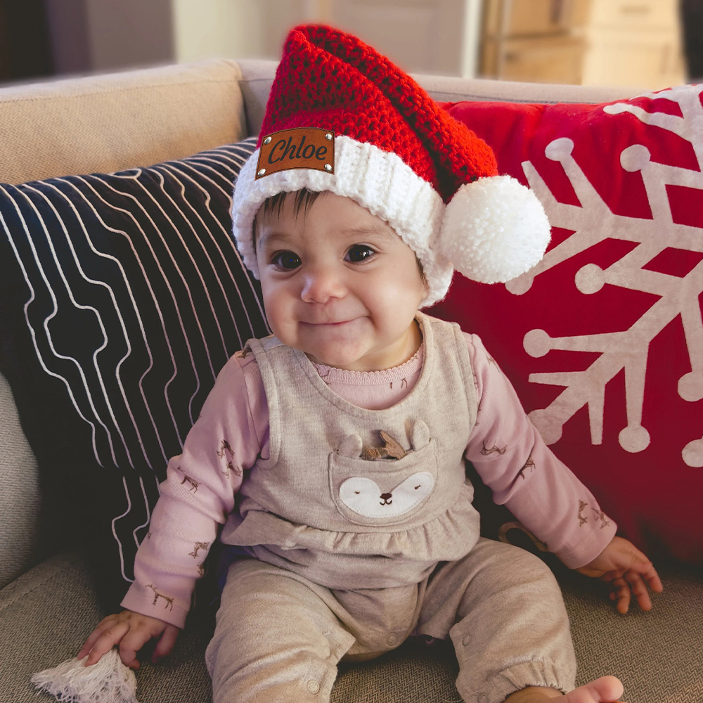 Personalized Leather Patch Crochet Christmas Santa Hat | MCGift98