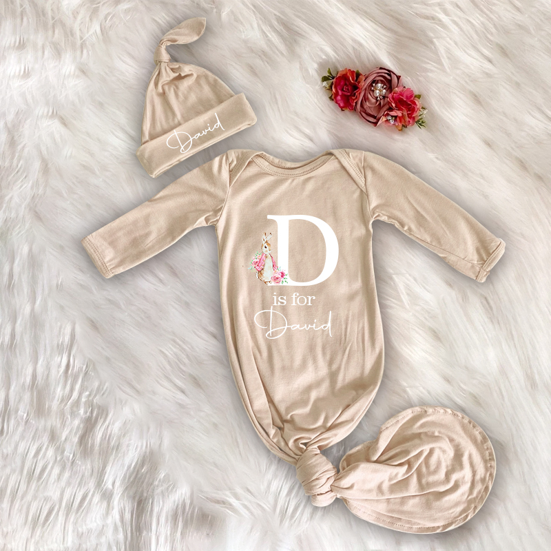 Personalized Cozy Newborn Easter Gown with Knotted Hat | CWbaby39