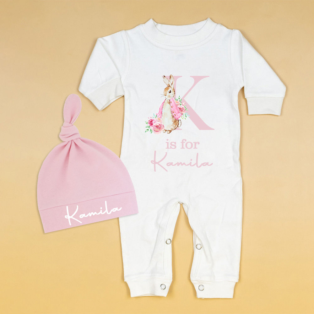 Personalized Baby Bunny Monogram Ropmer and Hat Set | CWBaby140