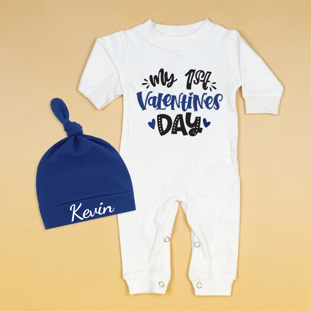 Personalized Baby First Valentine Ropmer and Hat Set | CWBaby145