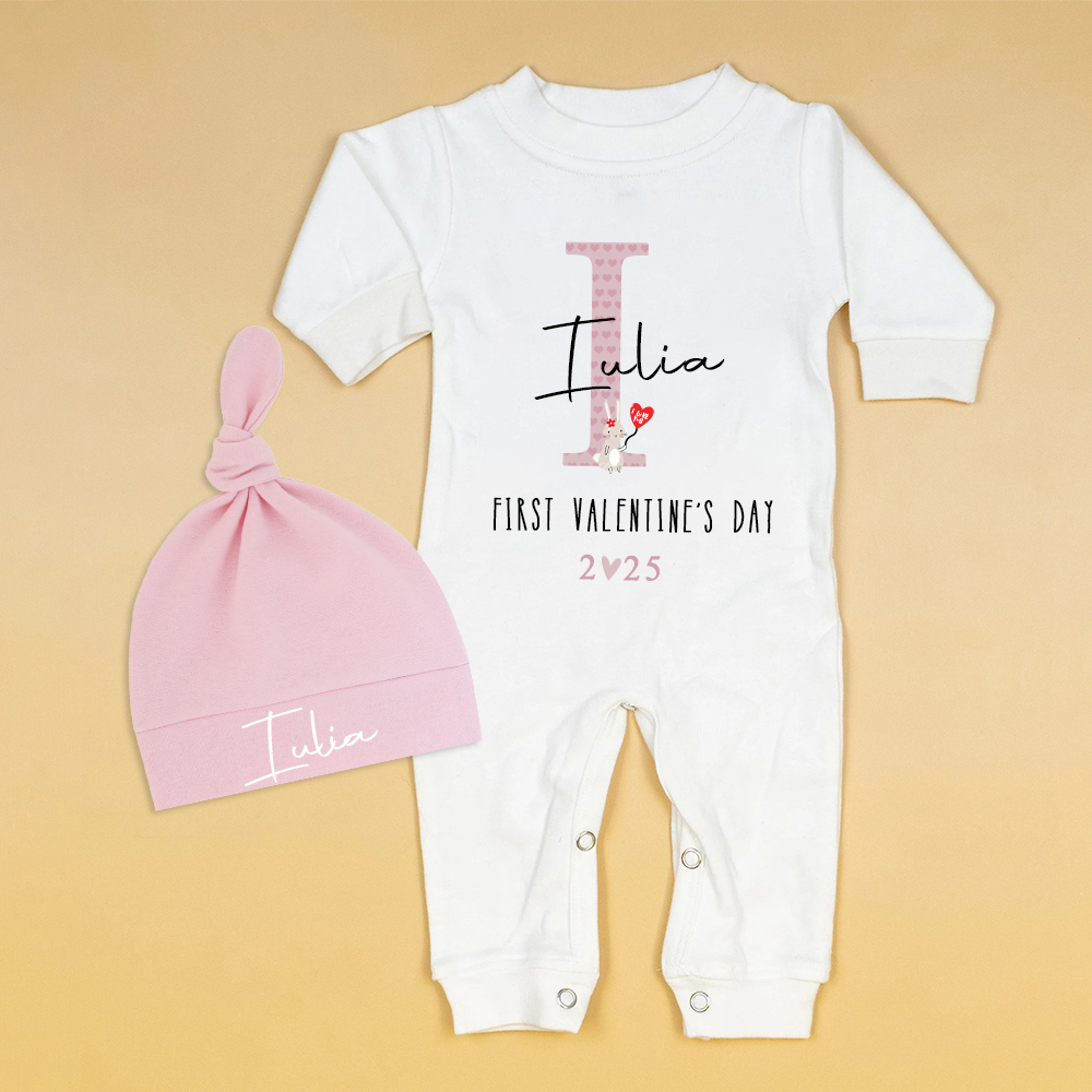 Personalized Baby First Valentine Ropmer and Hat Set | CWBaby147