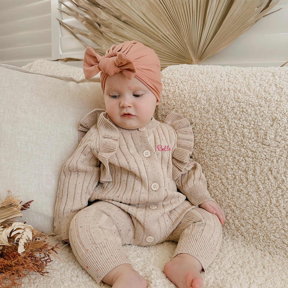 Personalised Embroidery Baby Ruffle Knit Romper | CWBaby149