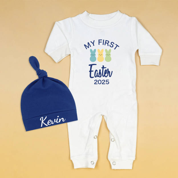 Personalized Baby Lovely First Easter Ropmer and Hat Set | CWBaby181