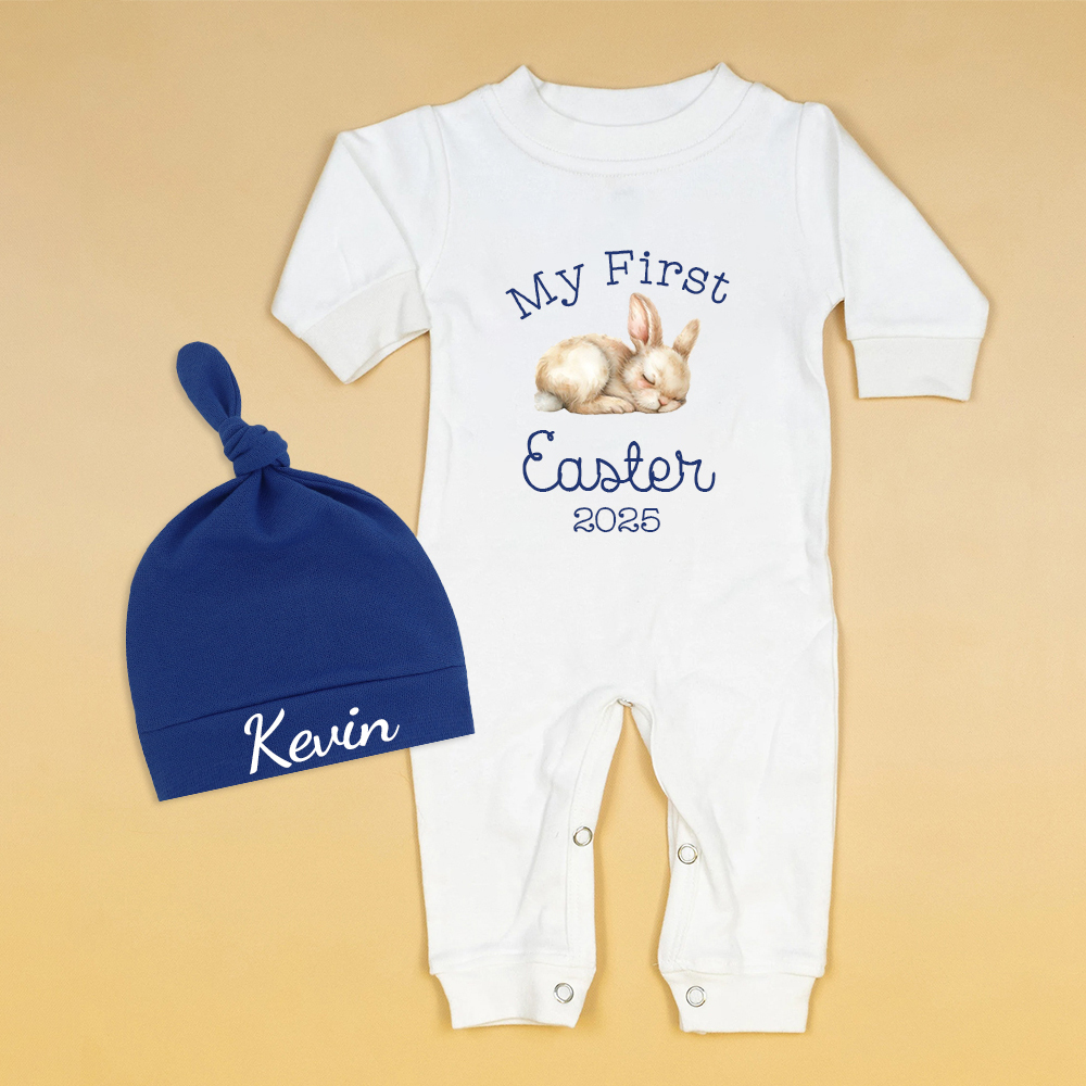 Personalized Baby First Easter Bunny Ropmer and Hat Set | CWBaby183