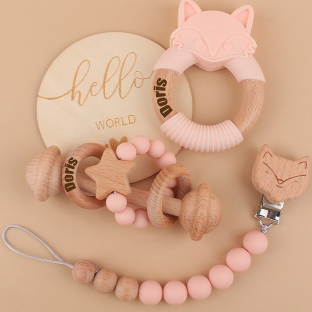 Personalized Baby Wooden Fox Pacifier Clip 4 Pcs Gift Set | CWBaby113