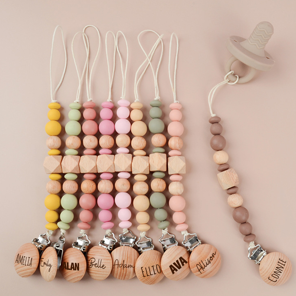 Personalized Baby Pacifier Silicone Wooden Bead Clip | CWBaby115