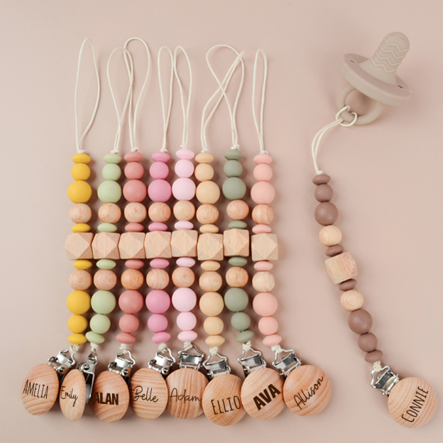 Personalized Baby Pacifier Silicone Wooden Bead Clip | CWBaby115