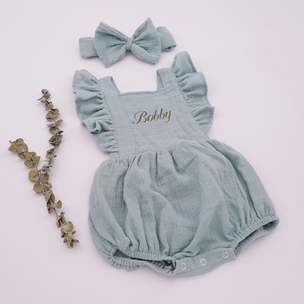 Personalized Embroidery Baby Organic Cotton Muslin Romper with Bow | inRomper35