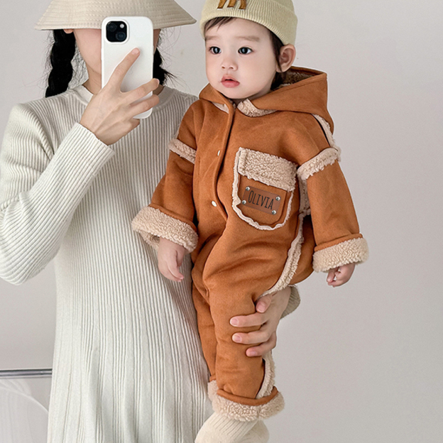 Personalized Leather Patch Double-Sided Wear Suede Baby Romper | CWBaby291