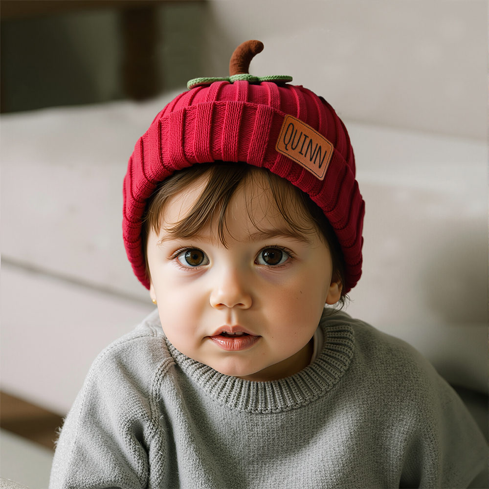 Personalized Leather Patch Pumpkin Wool Beanie | CWHalloween46