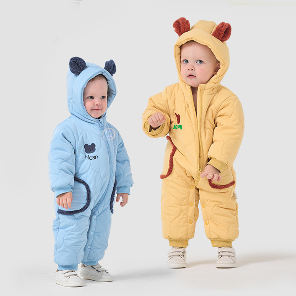 Personalized Long Sleeve Winter Hooded Puffer Romper | CWBaby308