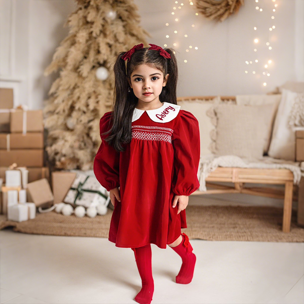 Personalized Baby Girl Plaid Long Sleeve Dress | CWBaby310