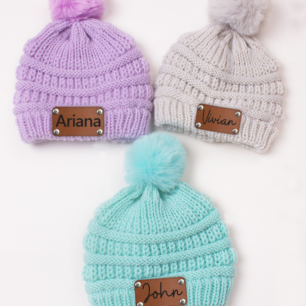 Personalized Leather Patch Kid Colorful Pom Pom Hat | HSKid63