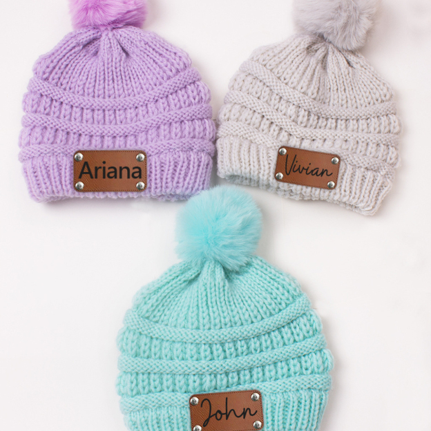 Personalized Leather Patch Kid Colorful Pom Pom Hat | HSKid63