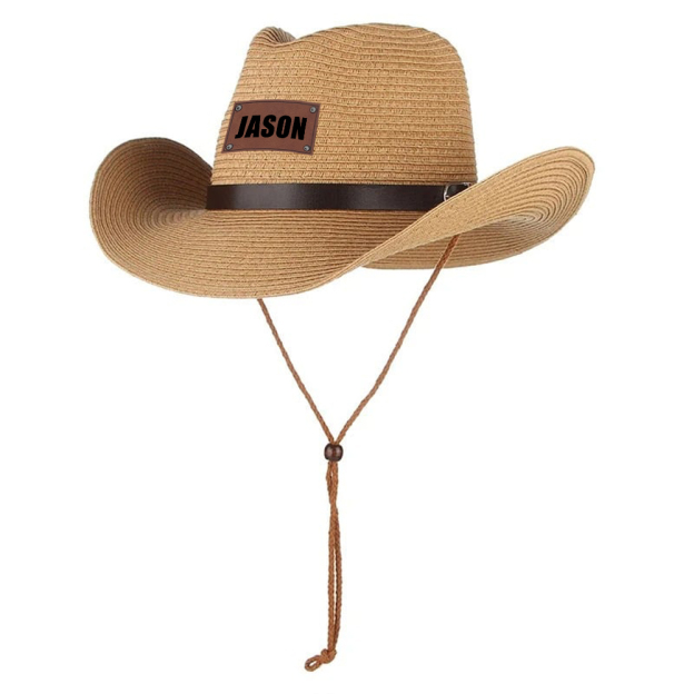 Personalized Leather Patch Cowboy Straw Hat | CWBeach106