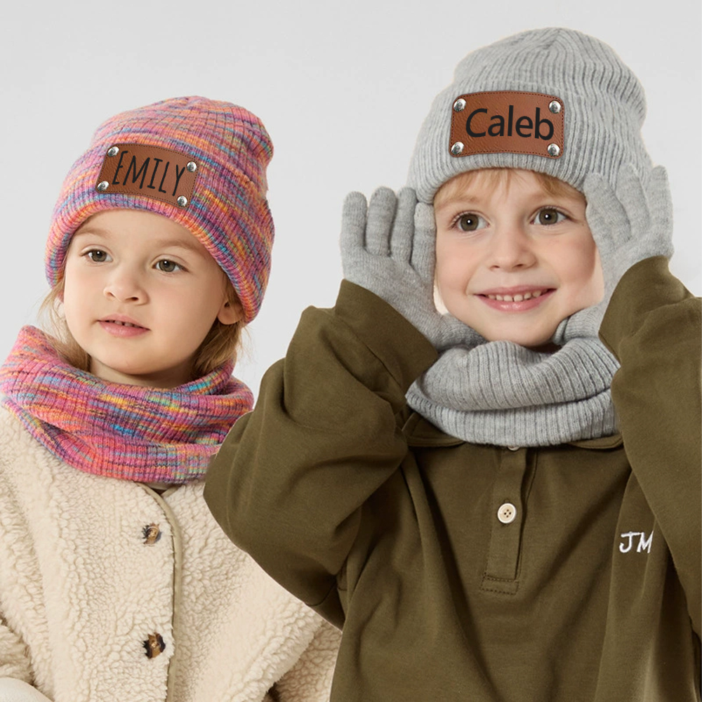 Personalized Leather Patch Kid Winter Hat Glove Scarf Set | HSKid69