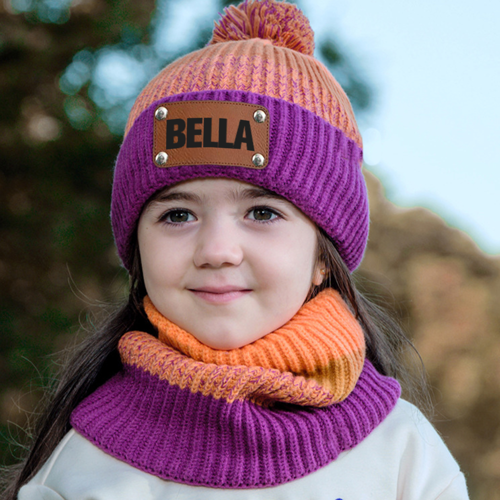 Personalized Leather Patch Kid Winter Hat Glove Scarf Set | HSKid70