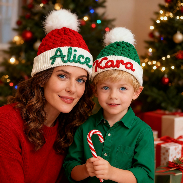 Personalized Hand Embroidery Christmas Pom Pom Hat | HSKid71