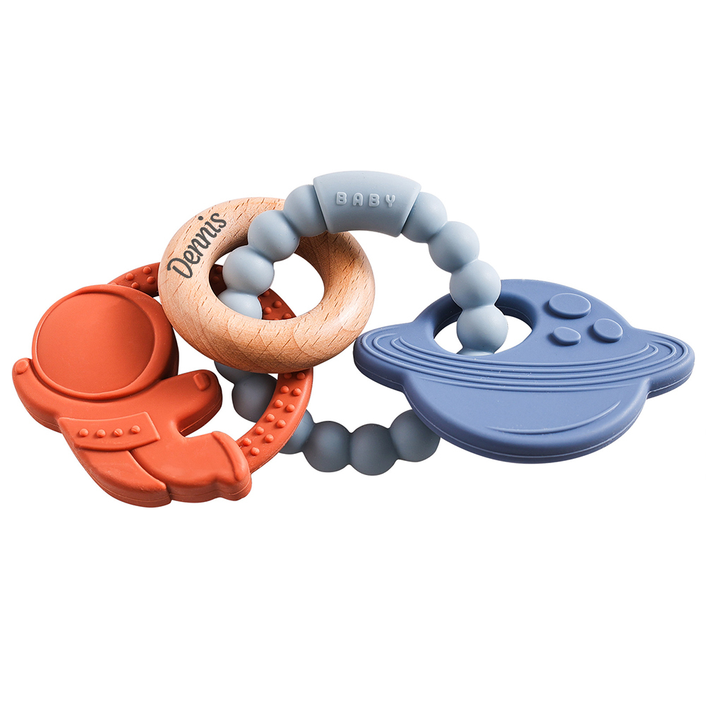 Personalised Baby Food Silicone & Wooden Sensory Teething Ring | CWToy162