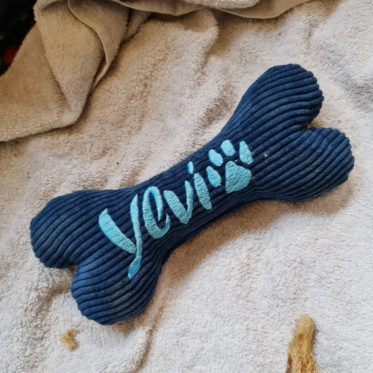 Personalized Embroidered Corduroy Puppy Bone Squeaker Toy | BKPet257