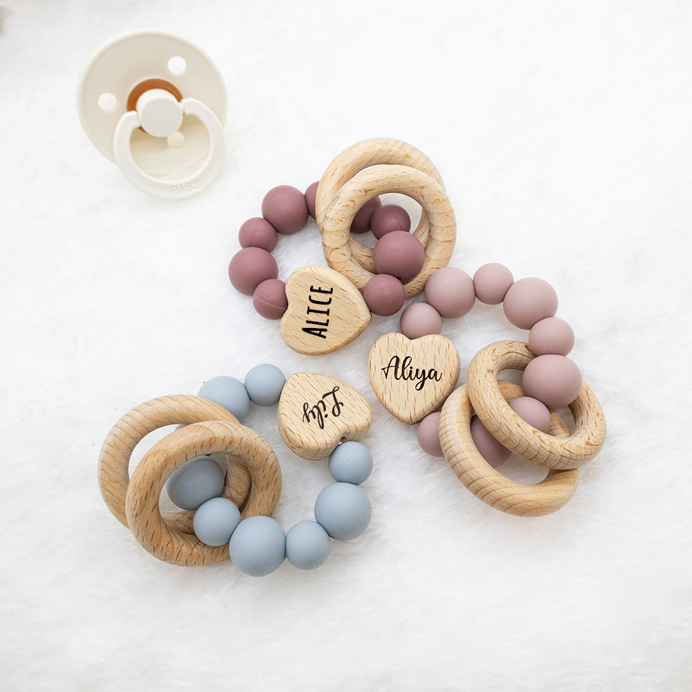 Personalized Baby Sensory Silicone Wooden Toy Ring | CWToy169