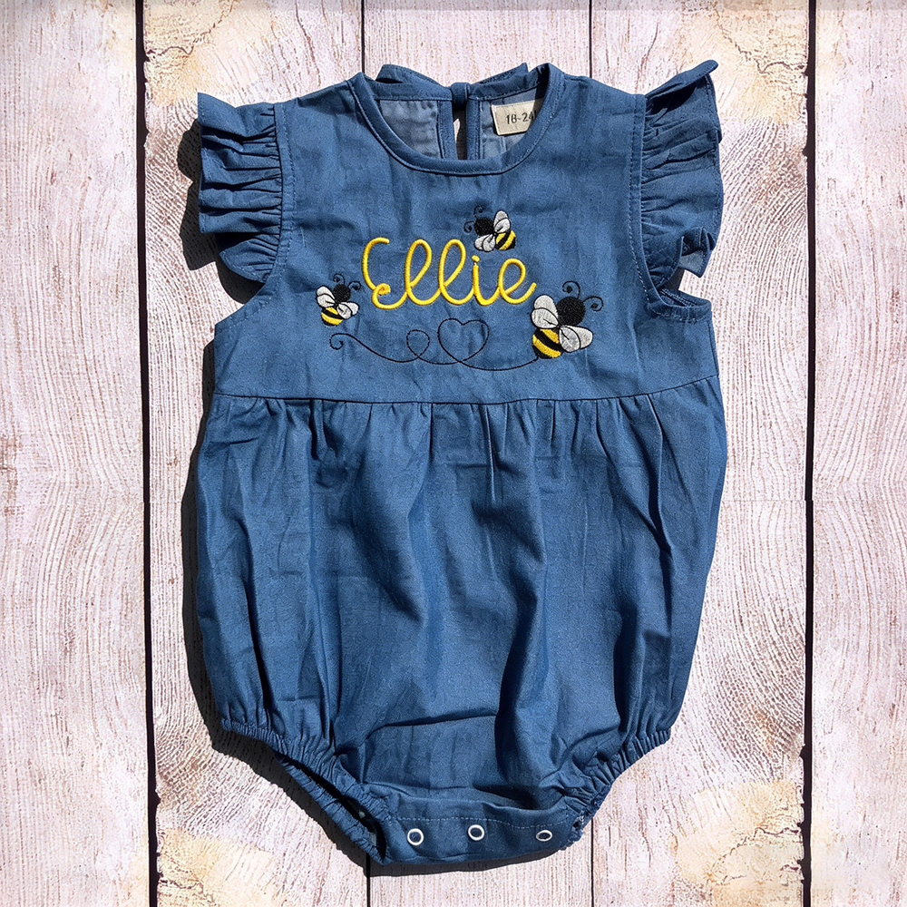 Personalized Baby Adorable BEE Denim Bubble Romper | CWBaby463